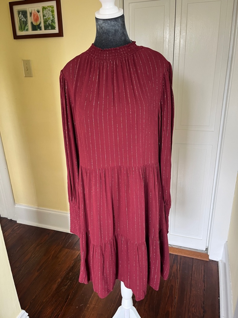 Long Sleeve Burgundy Tiered Dress with Metallic Stripe